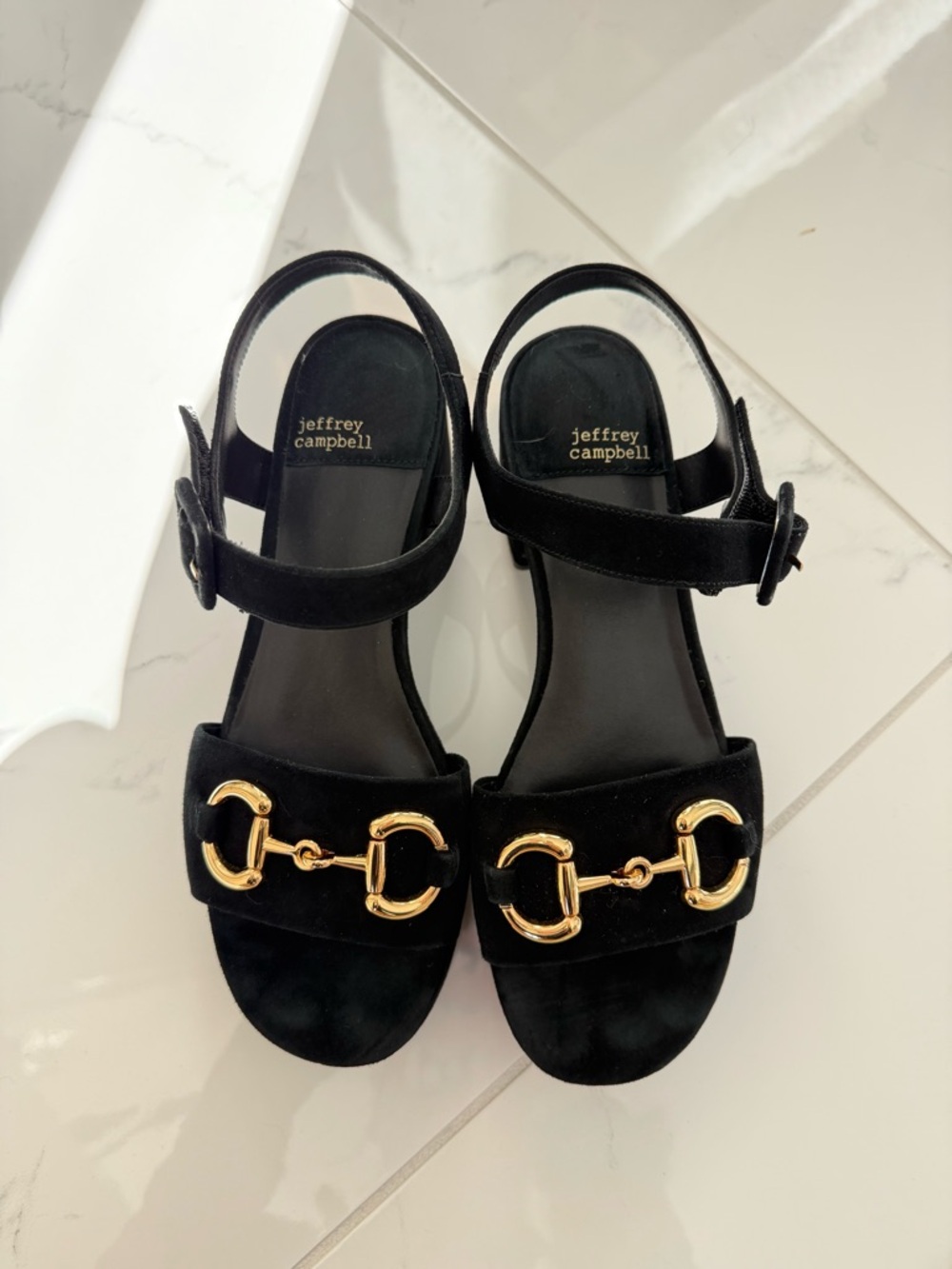 Jeffrey Campbell Black Velvet Sandals with Gold Horsebit